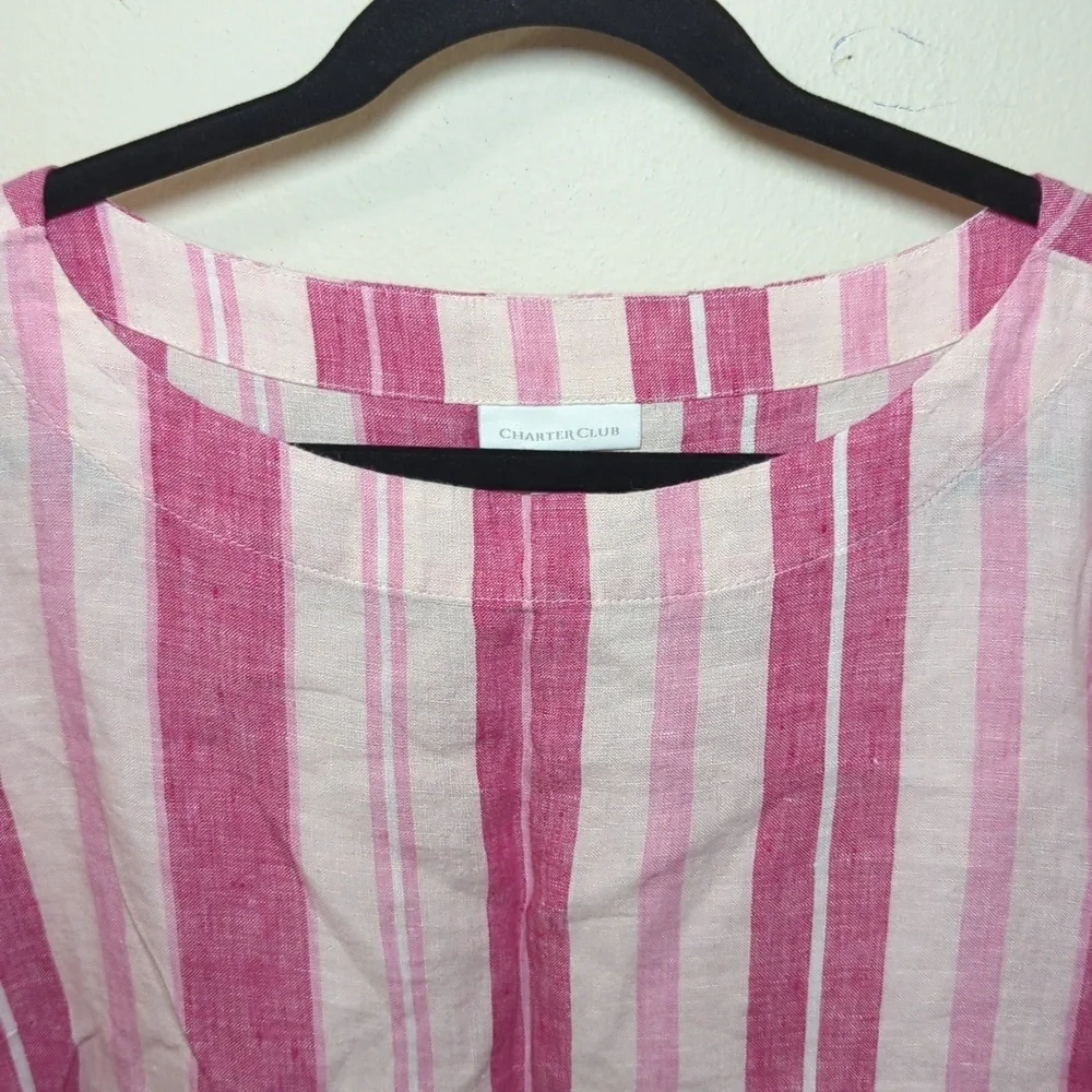 Charter Club 100% Linen Blouse Pink + White Striped 3/4 Sleeve Ruffle Size PXL
